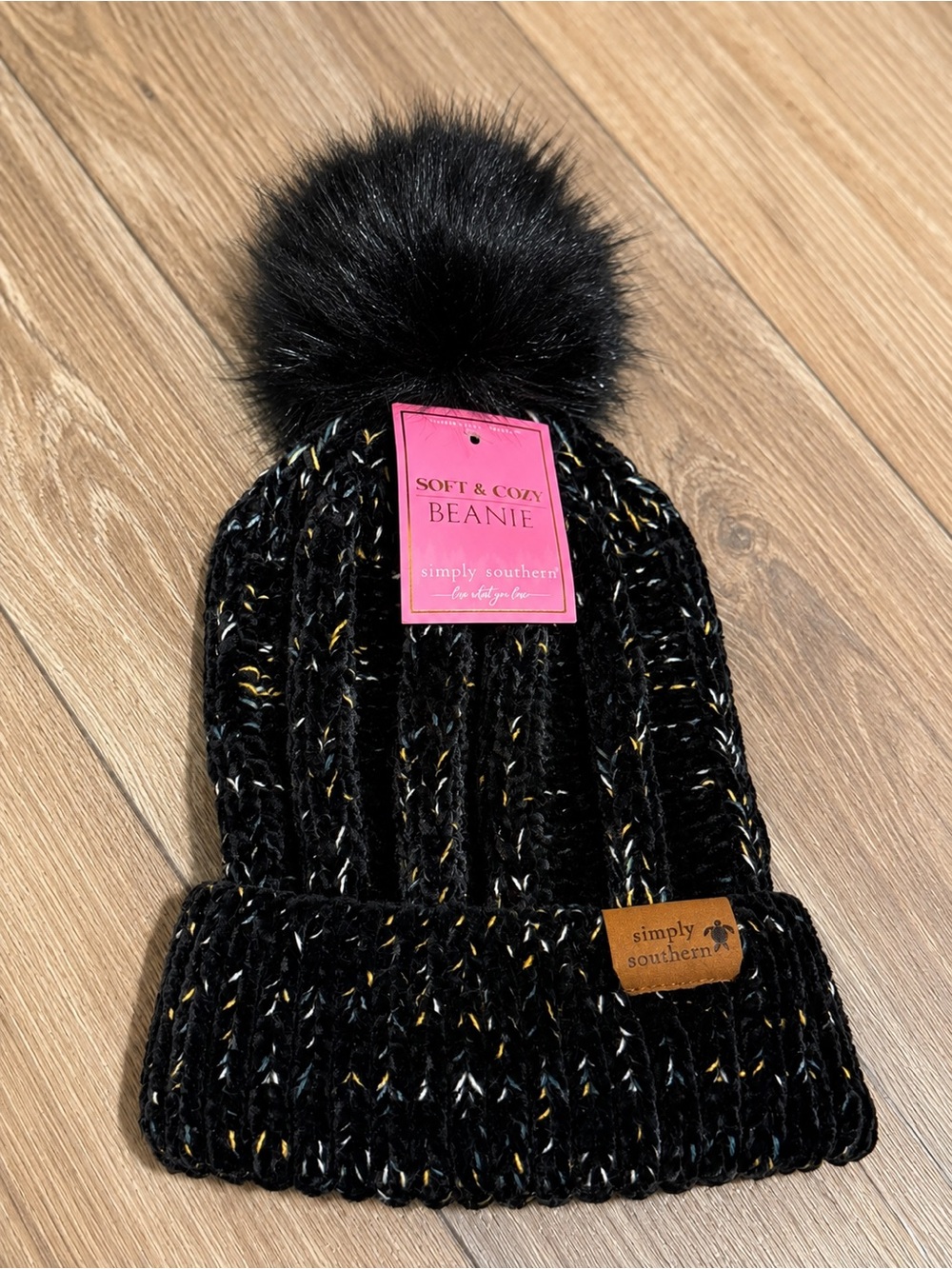 Simply Southern Black Marled Pom Beanie with Faux Fur Pom